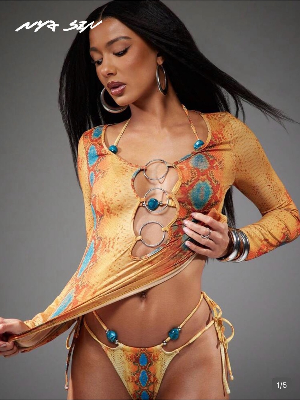 Ring-Detail Long Sleeve Colorful Snakeskin Crop Top XL